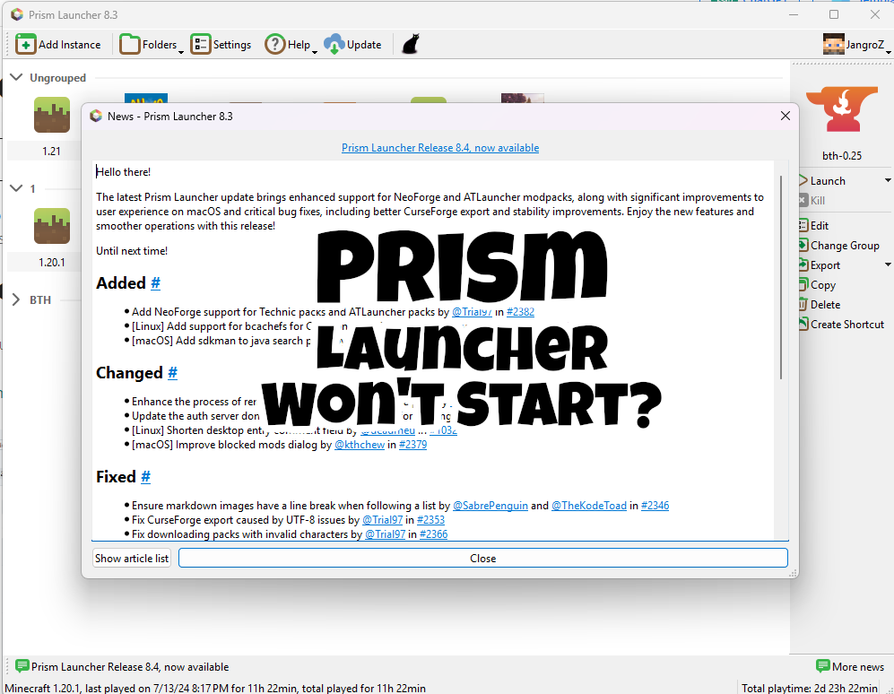 Prism Launcher Won't Start! What to do?