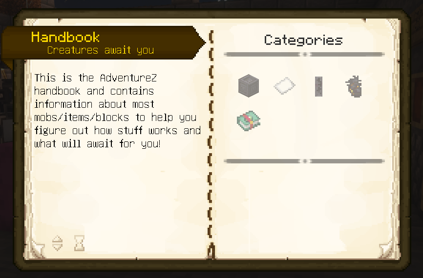 AdventureZ handbook open showing pages with mod content and guides