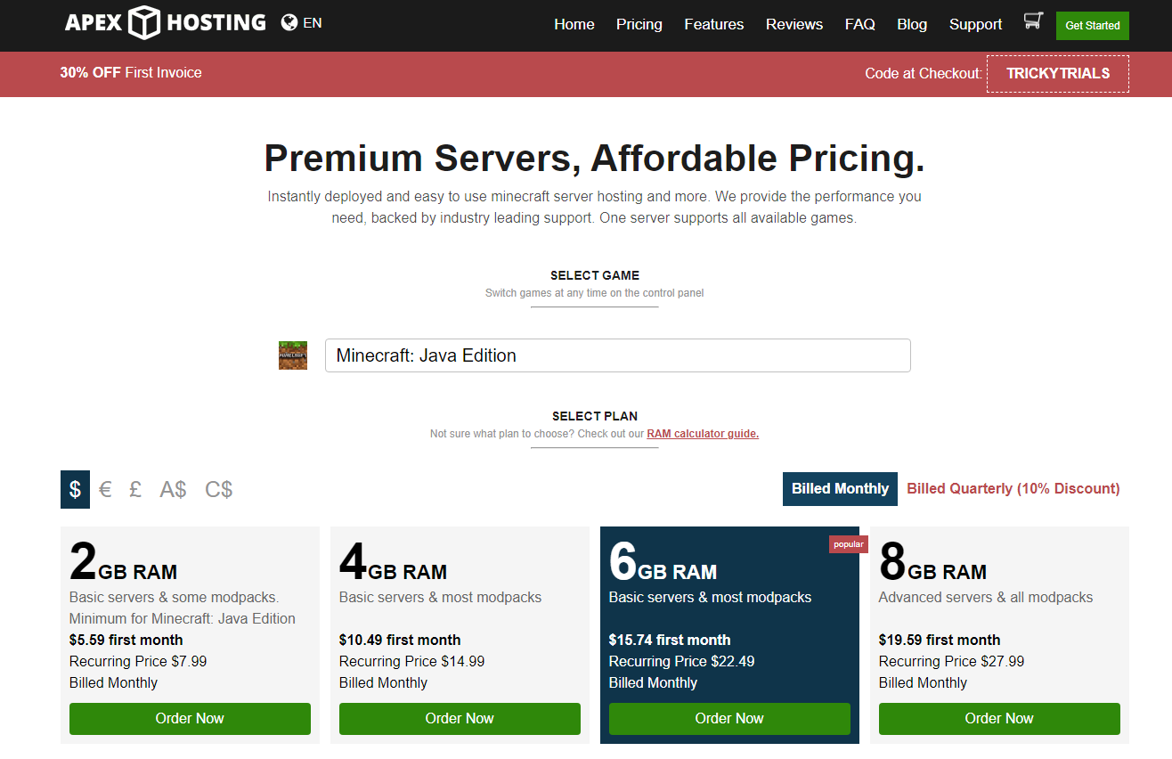 Apex Hosting plan selection with 6GB recommendation