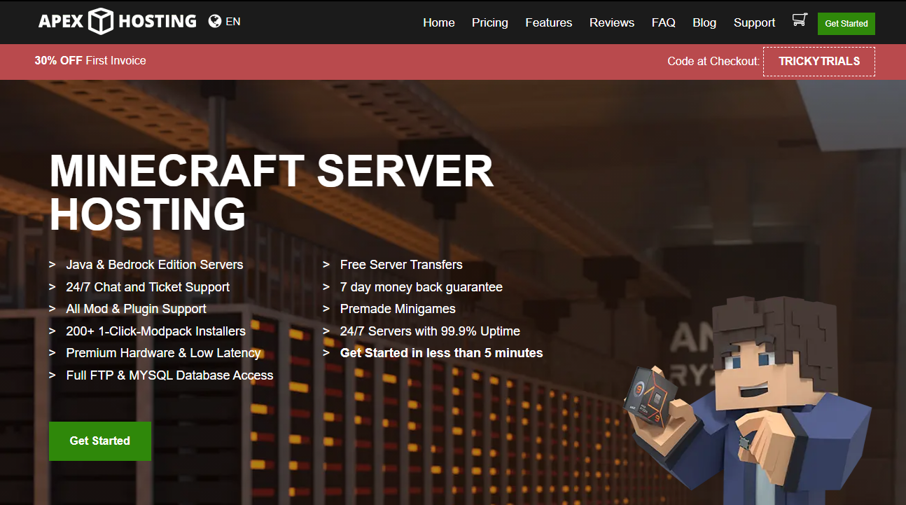 Apex Hosting get started page with discount code