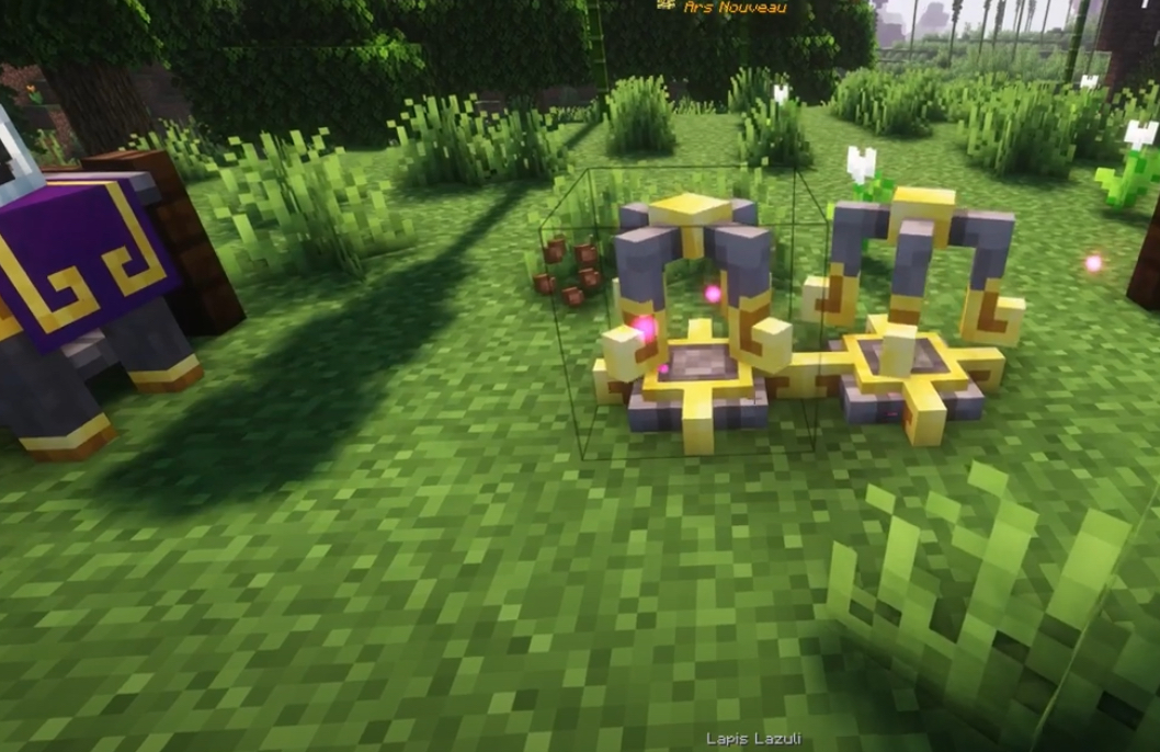 Ars Nouveau magic mod guide showing spellbooks, magical constructs, and enchanting apparatus in Minecraft