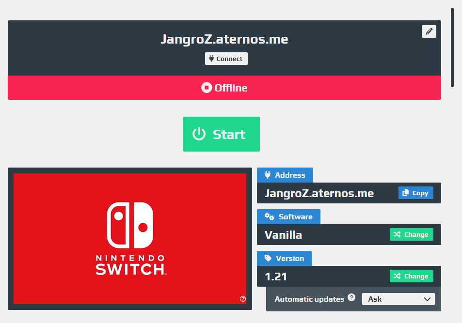Aternos choose Minecraft version 1.21