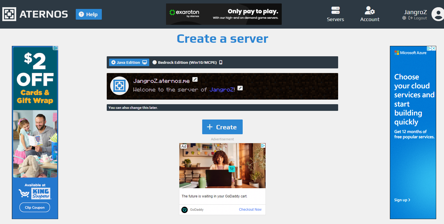 Aternos free hosting create server button