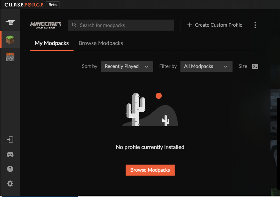 CurseForge Minecraft Java Edition My Modpacks page