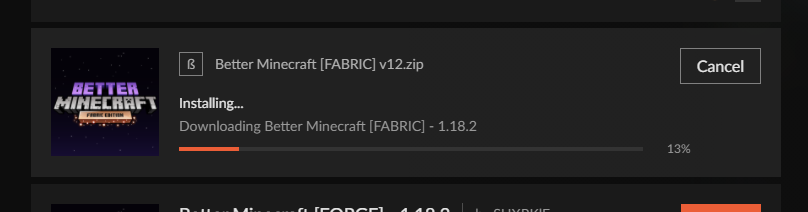 Better Minecraft Fabric install button in CurseForge