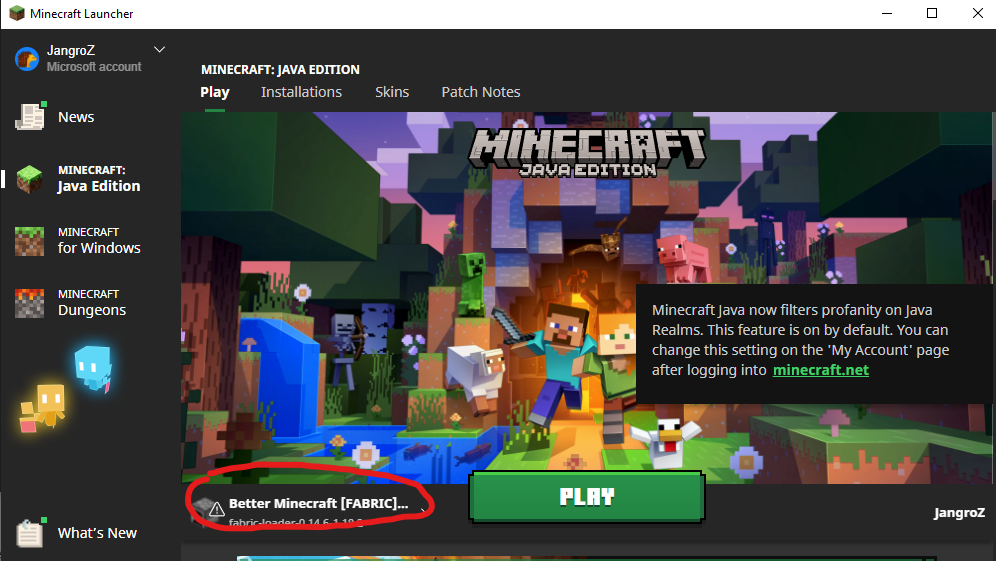 Minecraft Launcher with Better Minecraft installation selected