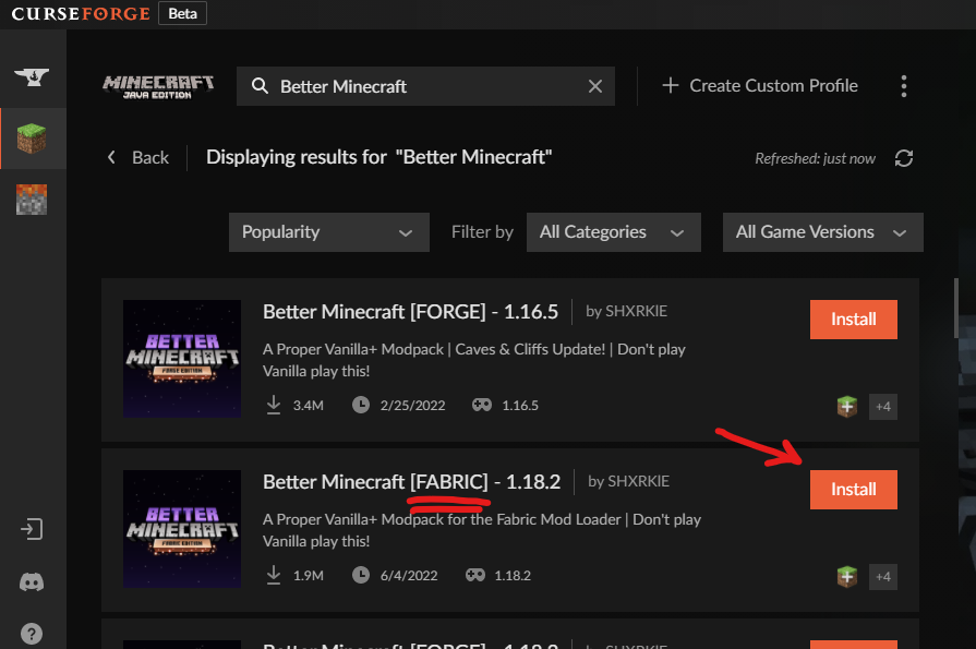 Better Minecraft modpack search results in CurseForge