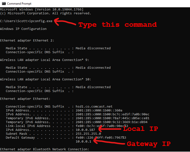 Command prompt showing local IP address and gateway information