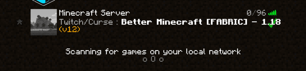 Minecraft server list showing Better Minecraft server ready to join