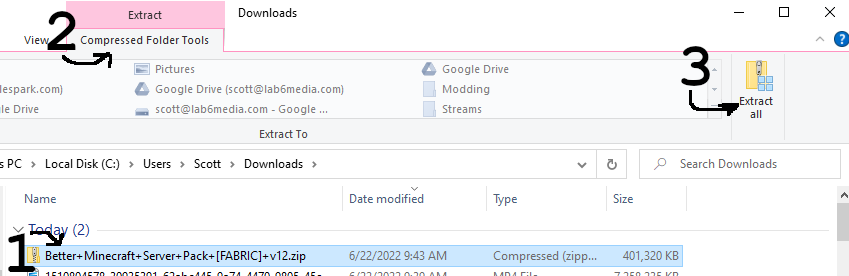 Server pack zip file in downloads folder ready to extract