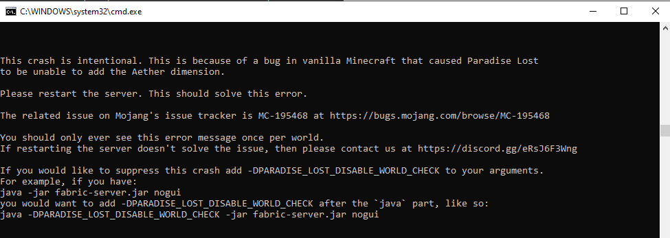 Minecraft server startup crash message