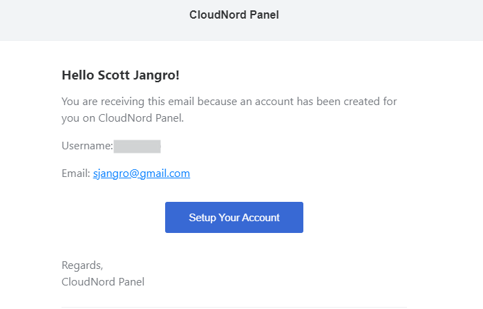 CloudNord Account Created email with setup button