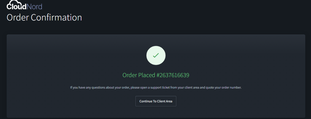 CloudNord checkout confirmation screen