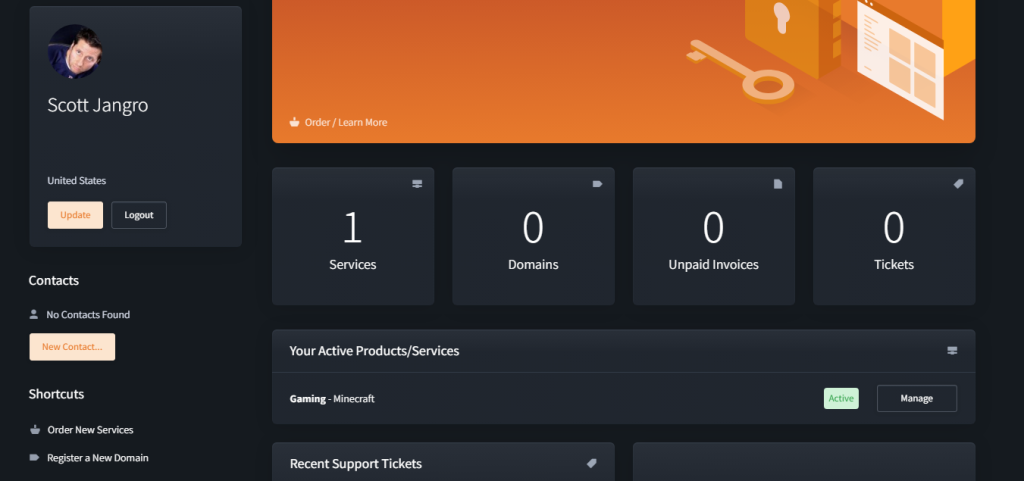 CloudNord client area dashboard showing active products