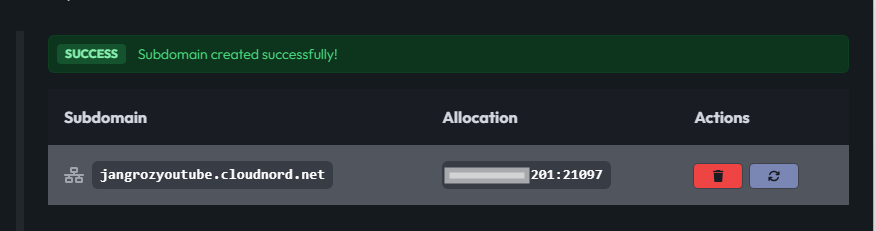 CloudNord Create Subdomain form