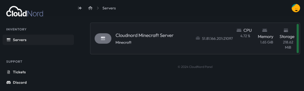 CloudNord game panel showing your server
