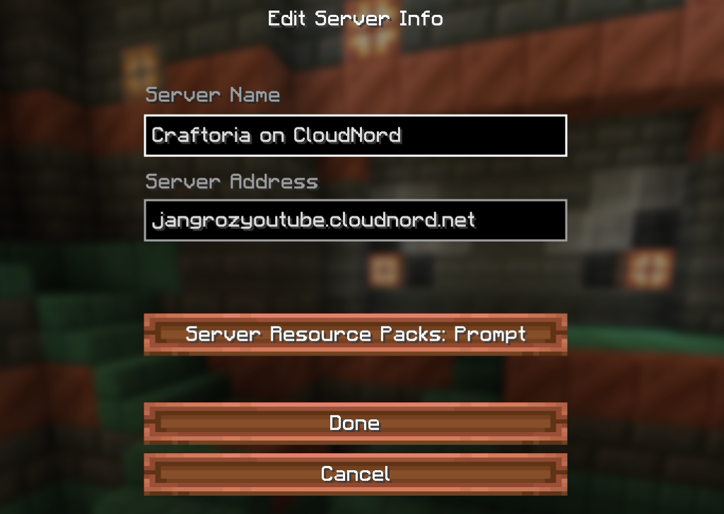 Minecraft client server selection with CloudNord Craftoria server
