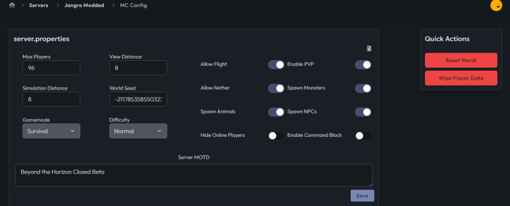 CloudNord Minecraft configuration through web interface