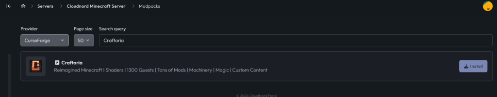CloudNord Craftoria modpack search and selection