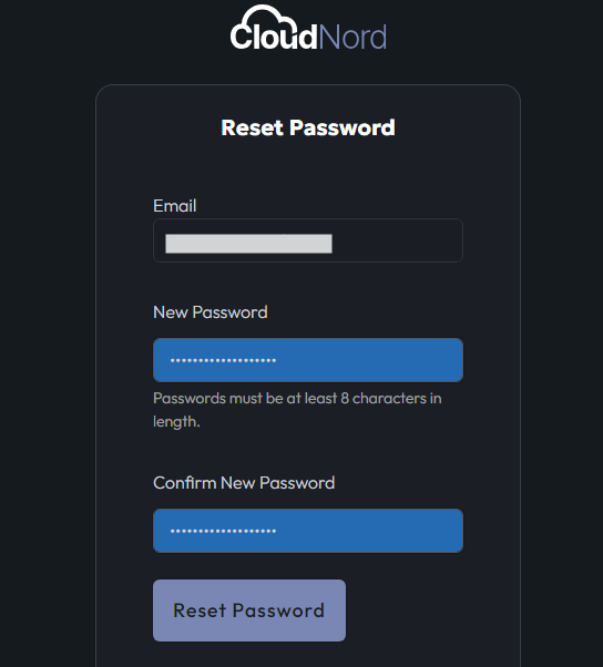CloudNord panel account password setup page