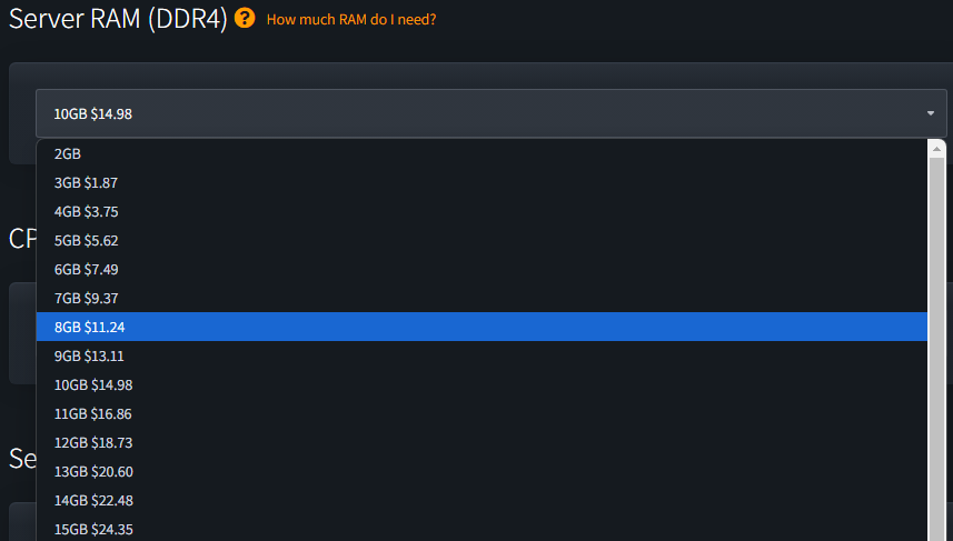 CloudNord RAM pricing configuration showing 8GB costs $11.24