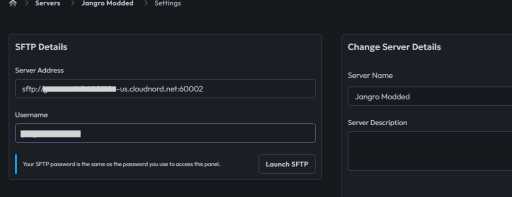 CloudNord server settings menu with SFTP login details