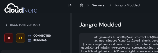 CloudNord server start/stop control buttons