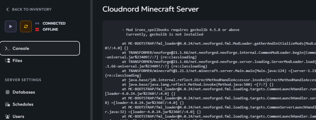 CloudNord server console showing startup process