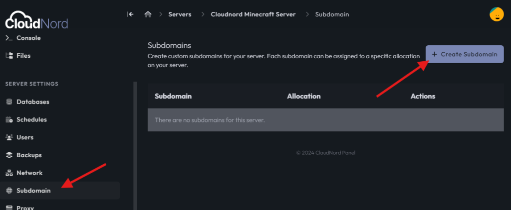 CloudNord subdomain configuration menu