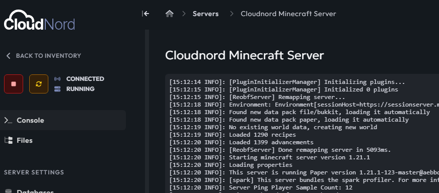 CloudNord vanilla server running - ready to configure