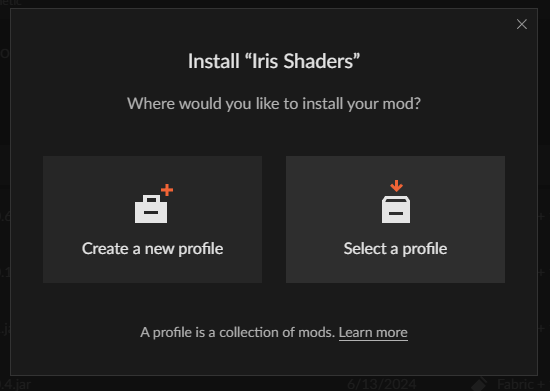 CurseForge create new profile dialog for shader installation