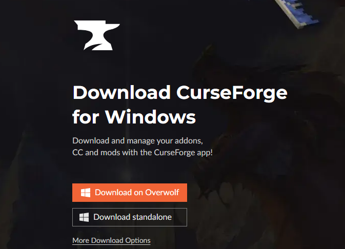 CurseForge website showing download page for the CurseForge app with installation options