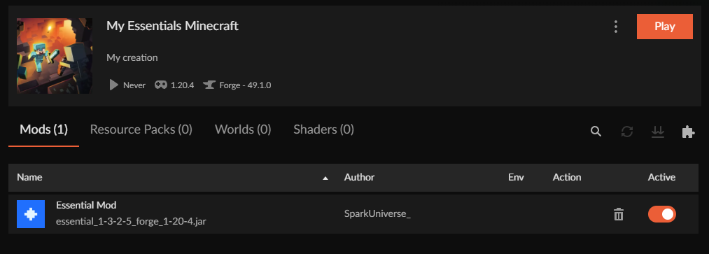 CurseForge Forge profile ready to play