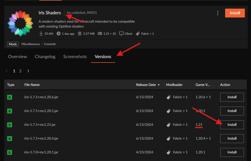 CurseForge Iris Shaders versions tab showing 1.21 compatibility