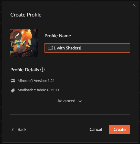 CurseForge profile creation with name and Minecraft version 1.21
