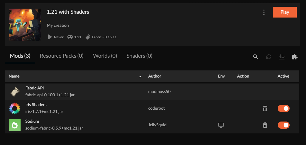 CurseForge profile showing installed Iris, Sodium and Fabric API mods