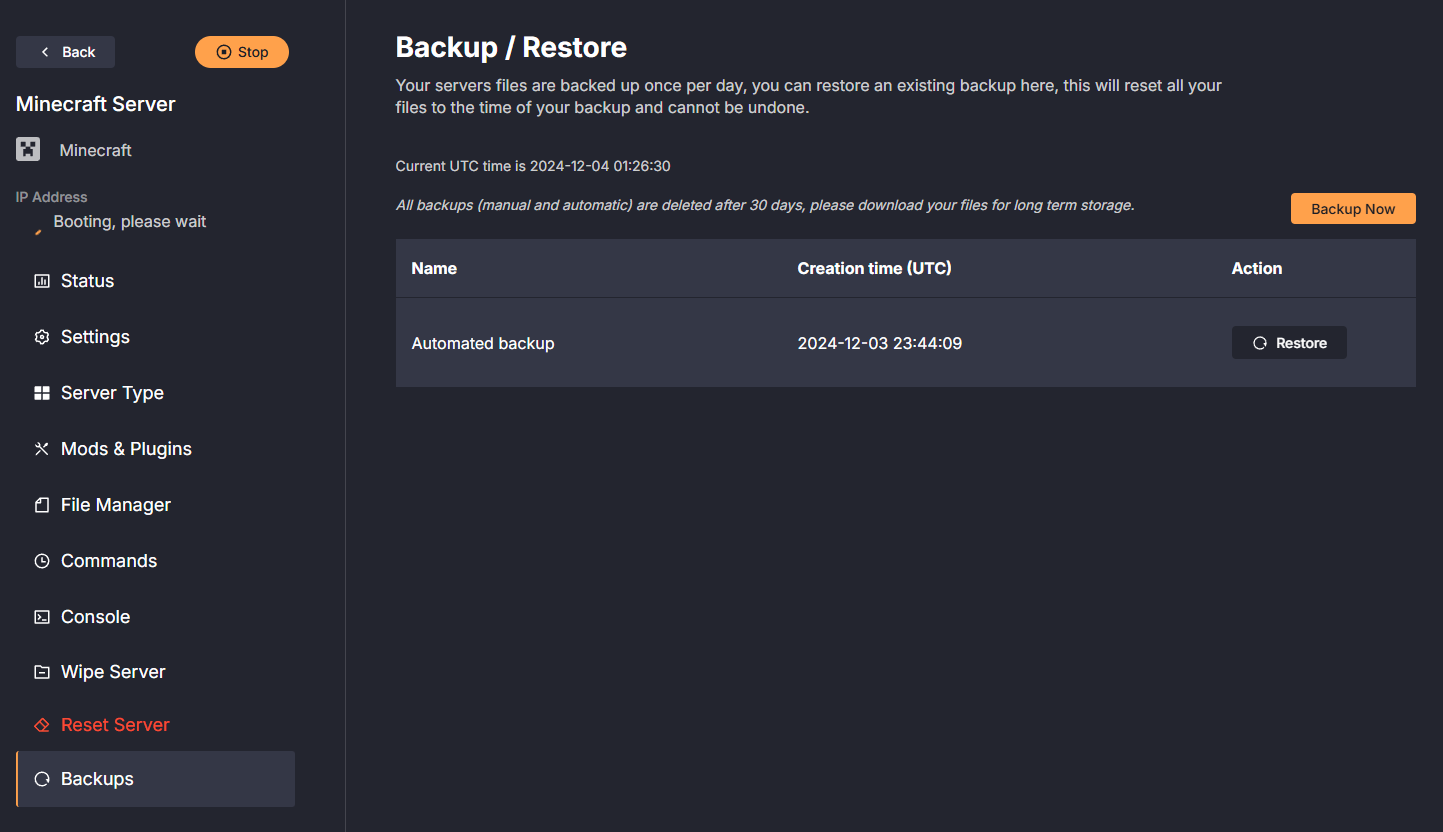 DatHost backup management showing automated backups and manual backup creation options