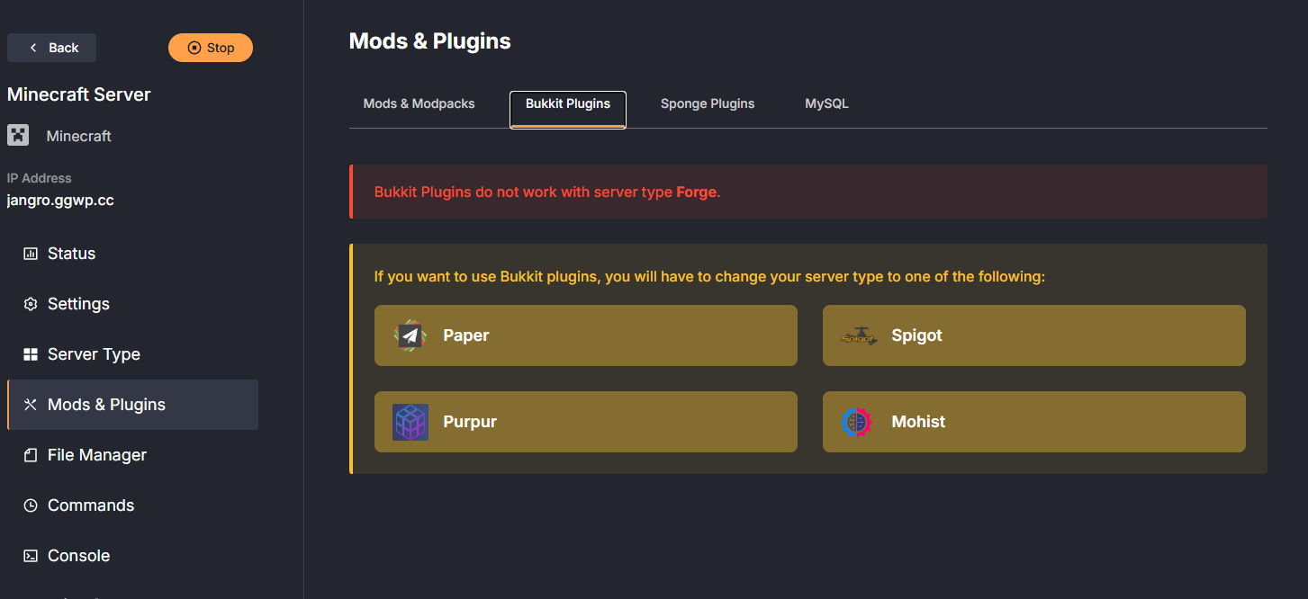 DatHost Bukkit plugins error screen when running Forge server instead of Paper