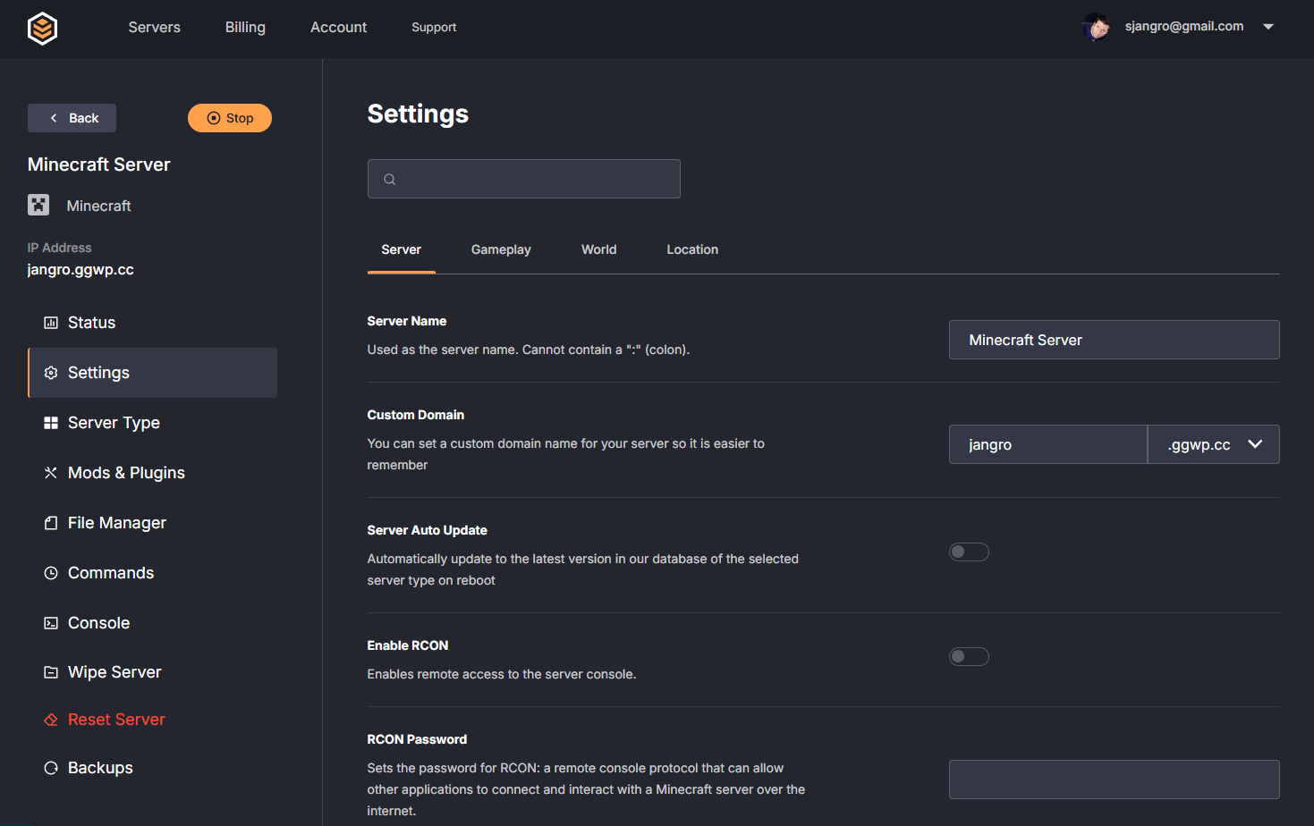DatHost control panel settings page showing server name and custom domain options