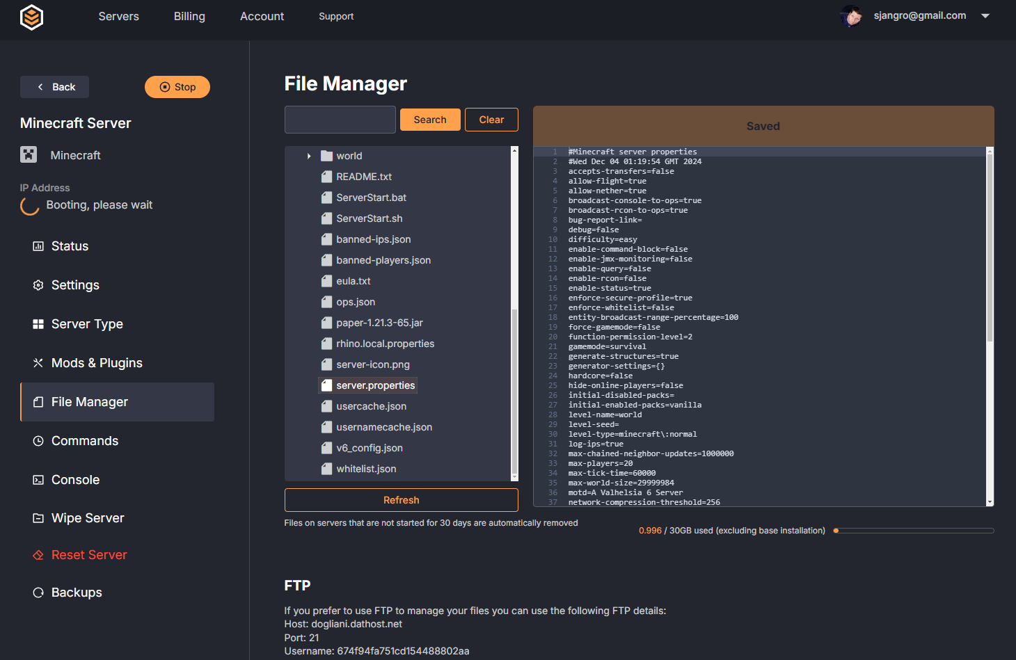 DatHost file manager for editing server.properties, managing worlds, and file operations