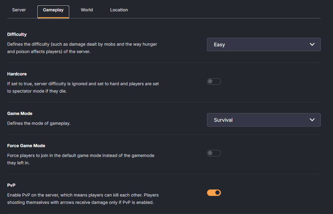 DatHost gameplay settings interface for difficulty, game mode, and PvP configuration