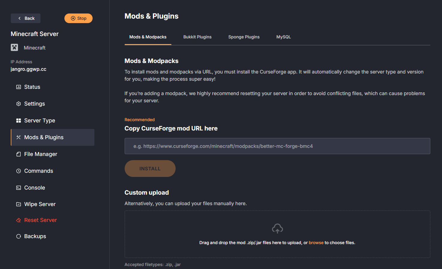 DatHost modpack installation interface for CurseForge URL-based setup