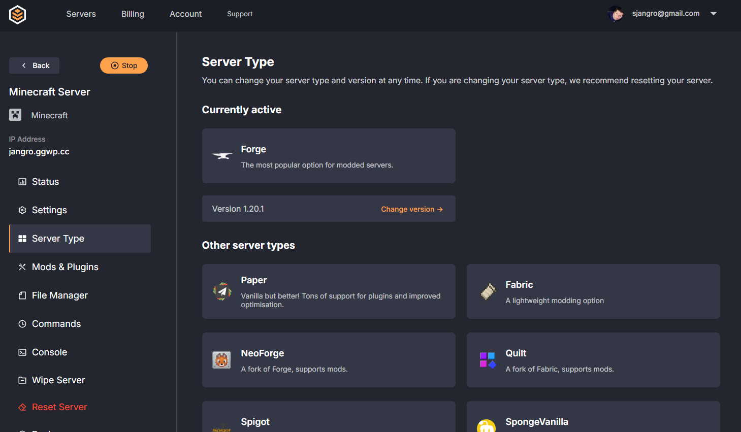 DatHost server type selection showing Paper, Spigot, Purpur and vanilla server options