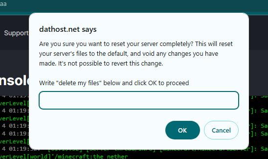 DatHost reset server option to completely clear server and return to default settings