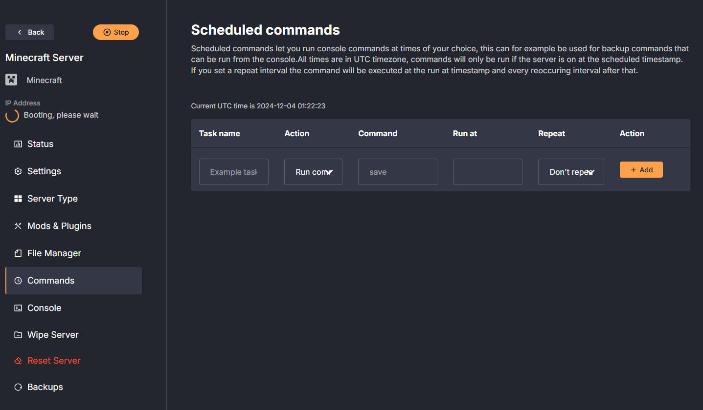 DatHost scheduled commands interface for automated server restarts and player notifications