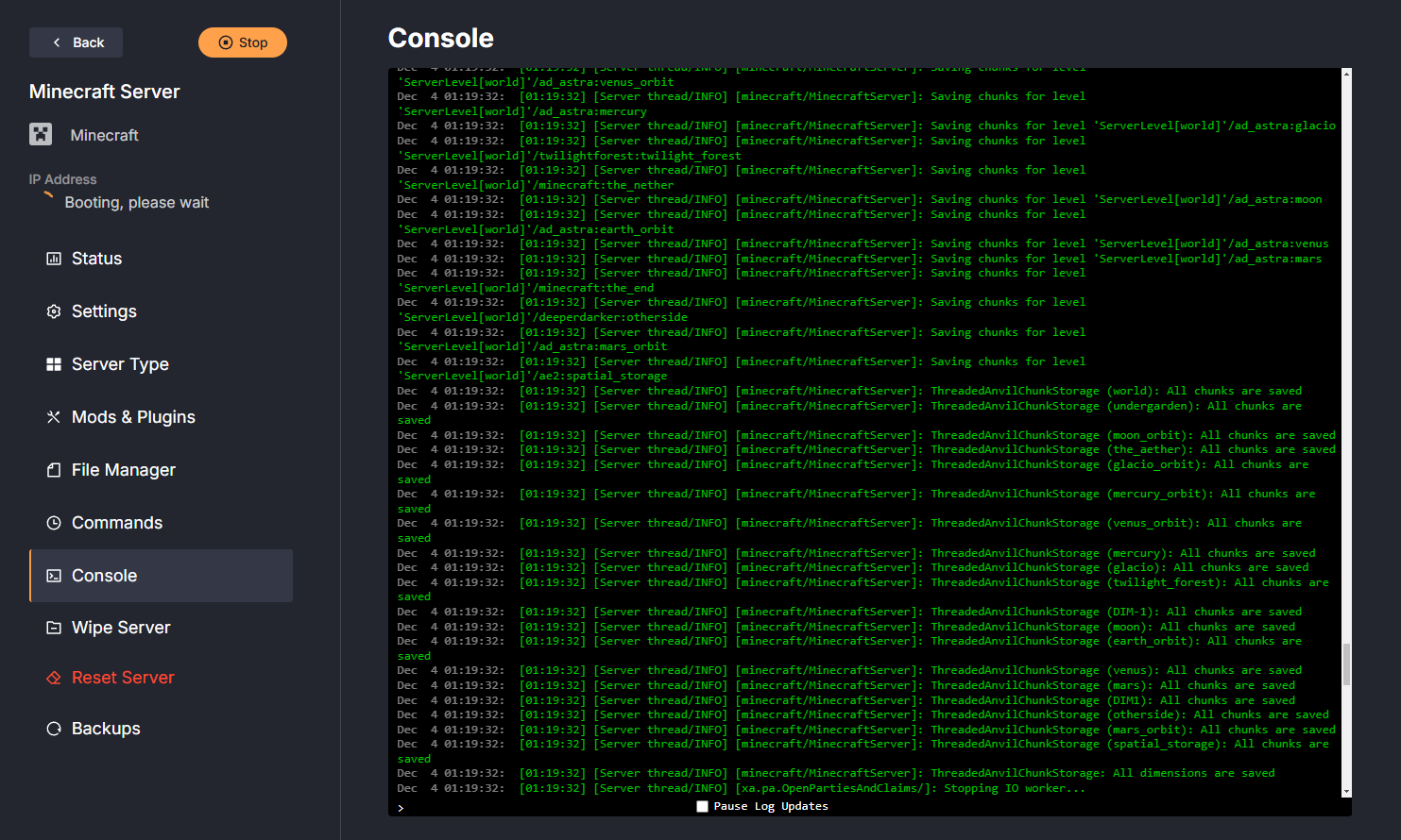 DatHost server console access for monitoring server activity and issuing commands