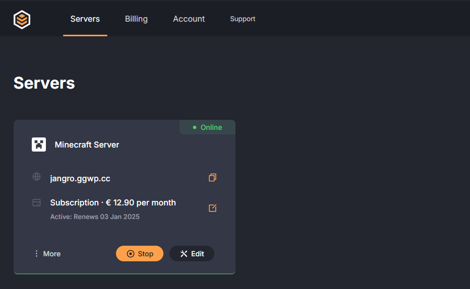 DatHost server dashboard after completing payment and server setup