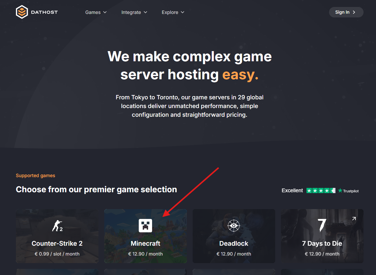 DatHost server package showing 16GB RAM, Ryzen 7900 CPU, and 30GB disk space features