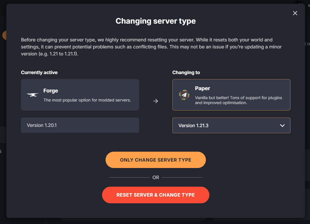 DatHost server type change confirmation prompt for switching to Paper server