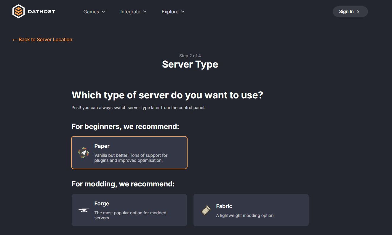 DatHost server type selection offering Paper, Spigot, and modded server options